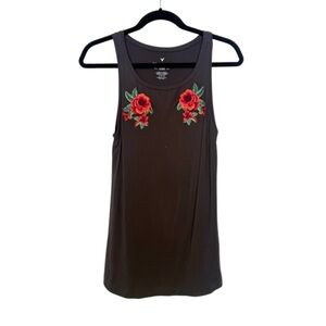 American Eagle Outfitters Black Tank Top with Embroidered Chest Roses